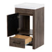 Drawer and cabinet door open on Nixie 18.5" wide woodgrain bathroom vanity with 1 door, 1 drawer, white sink top