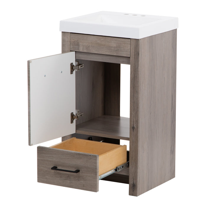 Door and drawer open on Nixie 18.5" wide woodgrain bathroom vanity with 1 door, 1 drawer, 2 black handles, white sink top