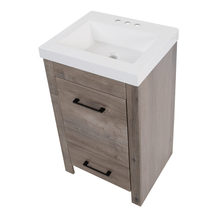 Top view of Nixie 18.5" wide woodgrain bathroom vanity with 1 door, 1 drawer, 2 black handles, white sink top