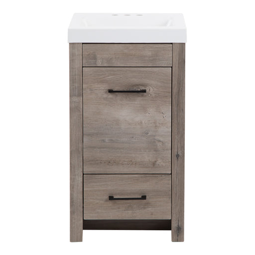 Nixie 18.5" wide woodgrain bathroom vanity with 1 door, 1 drawer, 2 black handles, white sink top