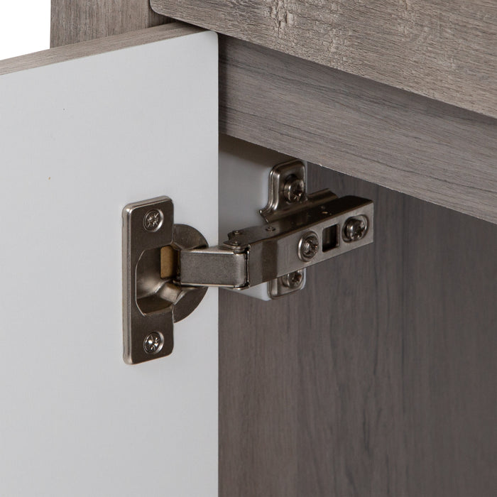 Closeup of 6-way adjustable hinge on Nixie 18.5" vanity, white door interior