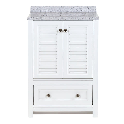 White bathroom vanity with louvered doors, stone-look top, bottom drawer