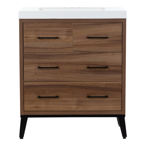 Rialta 30.5" W furniture-style bathroom vanity with 3 drawers, matte black legs and 6 matte black drawer handles, white sink top