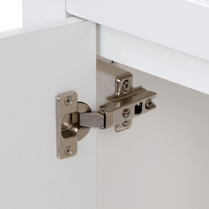 Closeup of 6-way adjustable hinges on Wyre 24.5" W white bathroom vanity with 2 Shaker doors