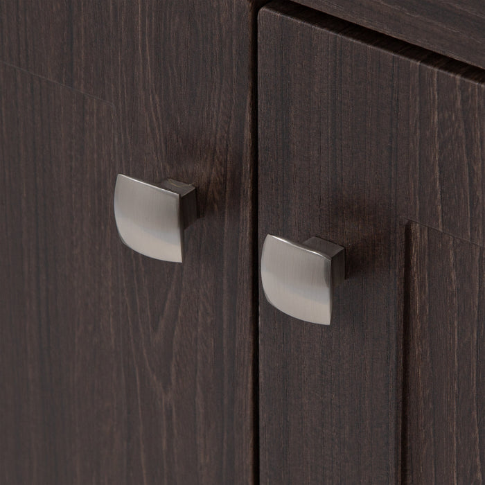 Square fine-grain nickel door pulls on Spring Mill Cabinets Wharton 24.5" W dark woodgrain bathroom vanity