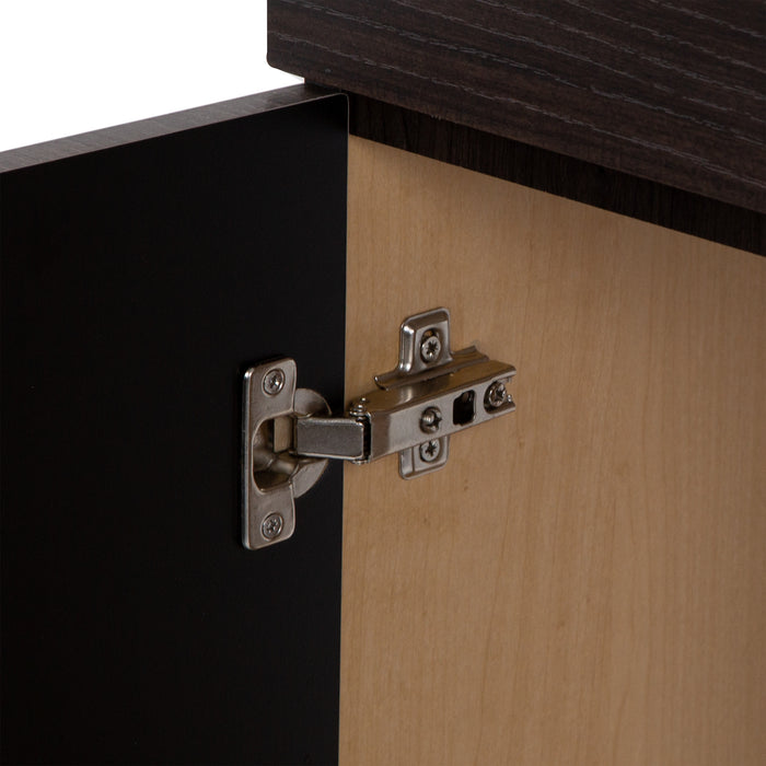 Closeup of 6-way adjustable hinges on Wharton 24.5" wide woodgrain finish bathroom vanity