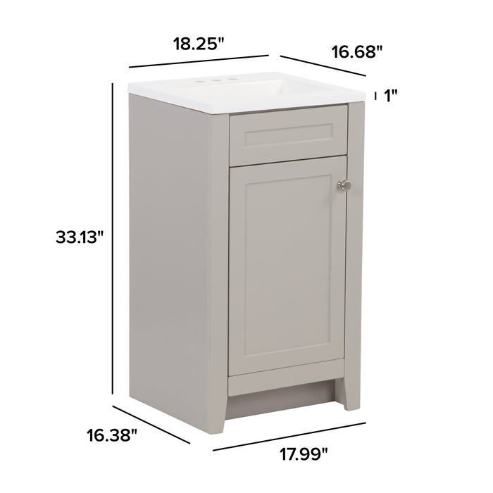 Wyre Shaker-style vanity dimensions: 18.25" W x 16.68" D x 33.13" H