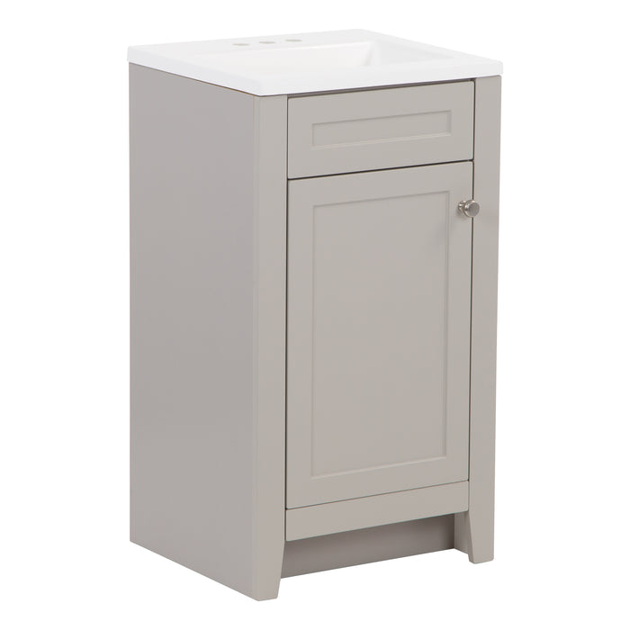Left side of Wyre 18.25" W gray shaker-style 1-door bathroom vanity with satin nickel pull, white sink top