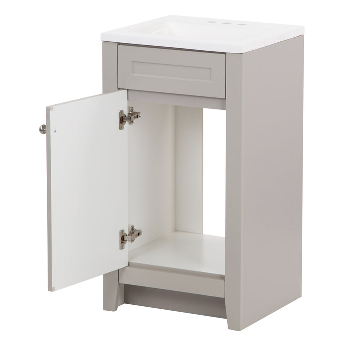 Open cabinet door on Wyre 18.25" W gray shaker-style 1-door vanity with white interior