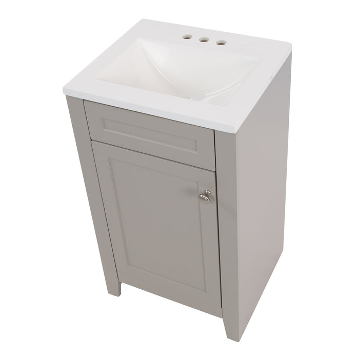 Top view of Wyre 18.25" W gray shaker-style 1-door bathroom vanity with satin nickel pull, white sink top