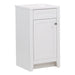 Left side of Wyre 18.25" W white shaker-style 1-door bathroom vanity with satin nickel pull, white sink top
