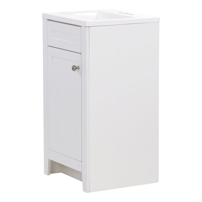 Right side of Wyre 18.25" W white shaker-style 1-door bathroom vanity with satin nickel pull, white sink top