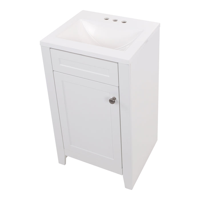 Top view of  Wyre 18.25" W white shaker-style 1-door bathroom vanity with satin nickel pull, white sink top