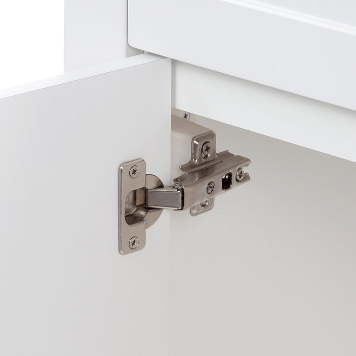 Closeup of 6-way adjustable hinges on Wyre 18.25" W bathroom vanity with 1 Shaker door
