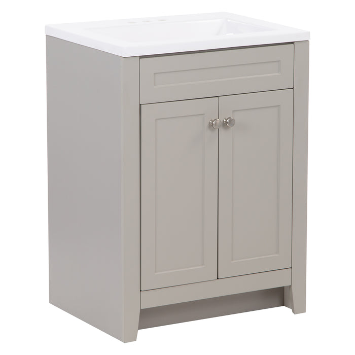 Left view of Wyre 24.5" W gray cabinet-style bathroom vanity with 2 Shaker doors, satin nickel pulls, white sink top