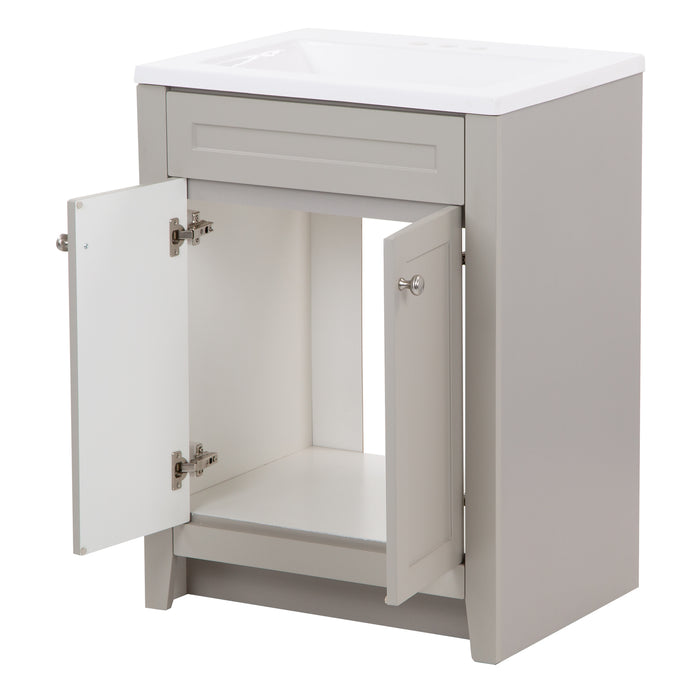 Wyre 24.5" W gray cabinet-style bathroom vanity with 2 open Shaker doors, satin nickel pulls, white sink top