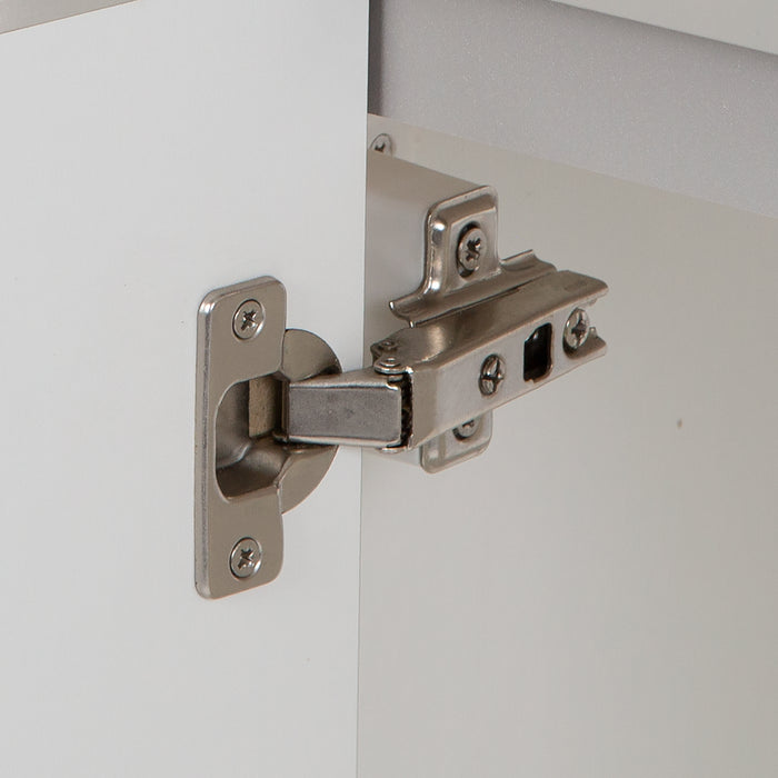 Closeup of 6-way adjustable hinges on Wyre 24.5" W bathroom vanity with 2 Shaker doors