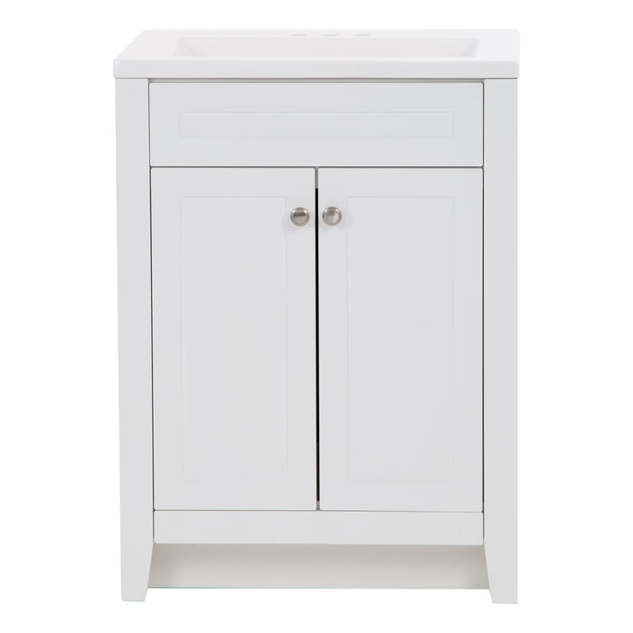 Wyre 24.5" W white cabinet-style bathroom vanity with 2 Shaker doors, satin nickel pulls, white sink top