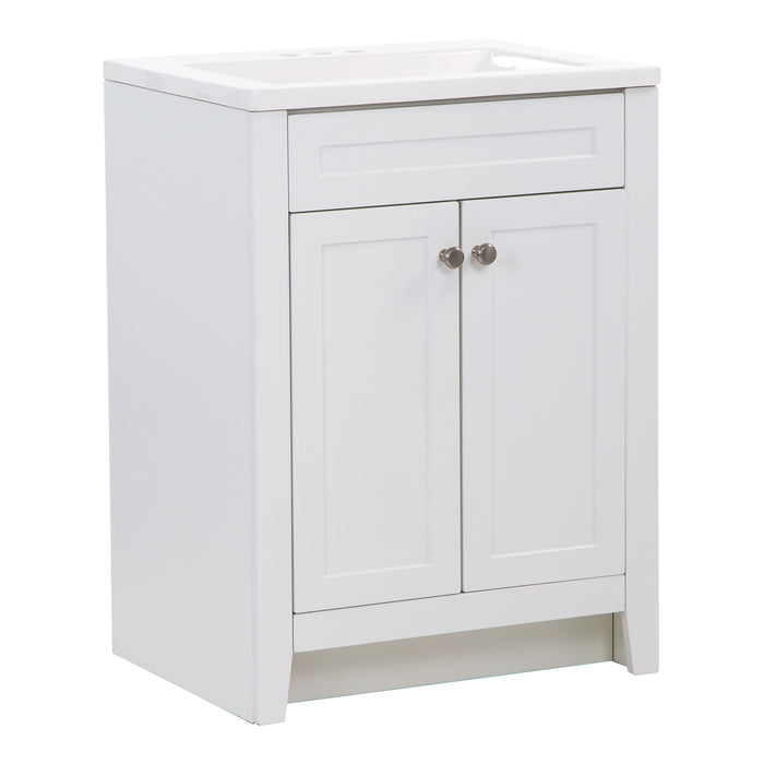 Left side of Wyre 24.5" W white cabinet-style bathroom vanity with 2 Shaker doors, satin nickel pulls, white sink top