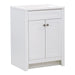 Left side of Wyre 24.5" W white cabinet-style bathroom vanity with 2 Shaker doors, satin nickel pulls, white sink top