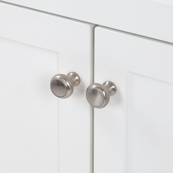 Satin Nickel door knobs on Wyre 24.5" W white Shaker-style bathroom vanity