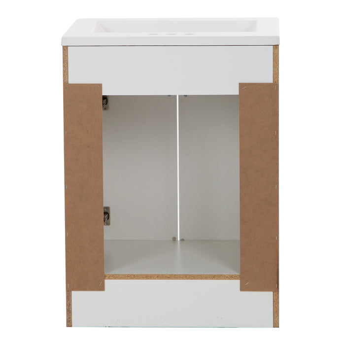 Open back of Wyre 24.5" W white cabinet-style bathroom vanity with 2 Shaker doors