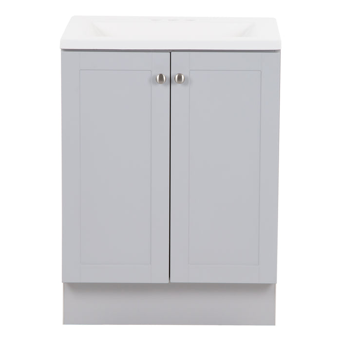 Yereli 24.25" W gray cabinet-style bathroom vanity with 2 Shaker doors, brushed nickel pulls, white sink top