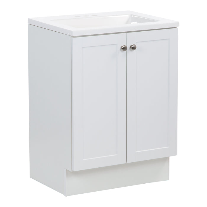 Left view of Yereli 24.25" W gray cabinet-style bathroom vanity with 2 Shaker doors, brushed nickel pulls, white sink top