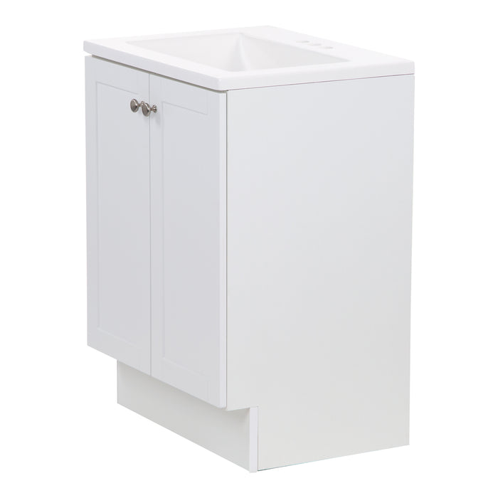 Right view of Yereli 24.25" W white cabinet-style bathroom vanity with 2 Shaker doors, brushed nickel pulls, white sink top