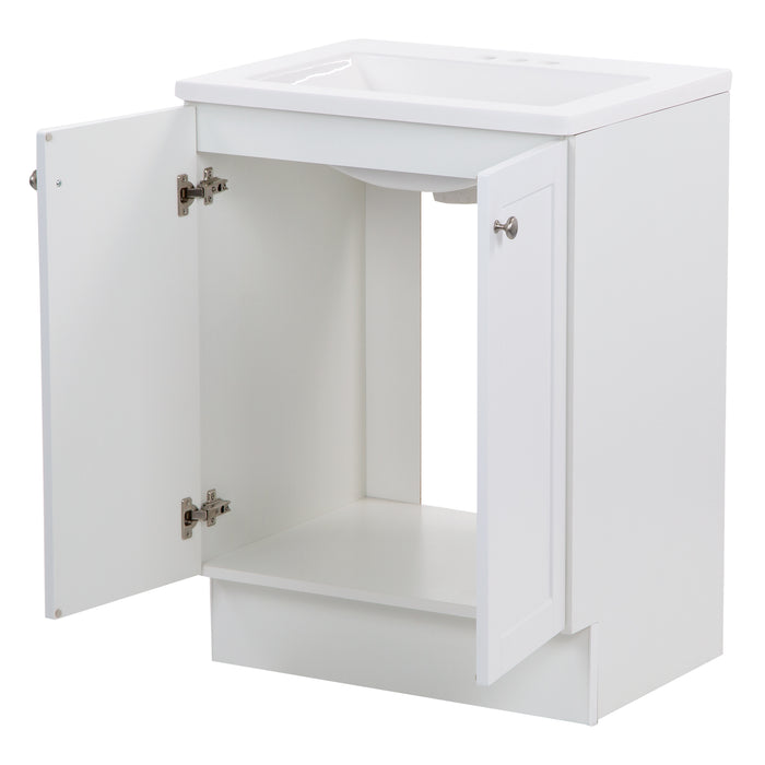 Yereli 24.25" W white shaker-style bathroom vanity with 2 open doors, brushed nickel pulls, white sink top