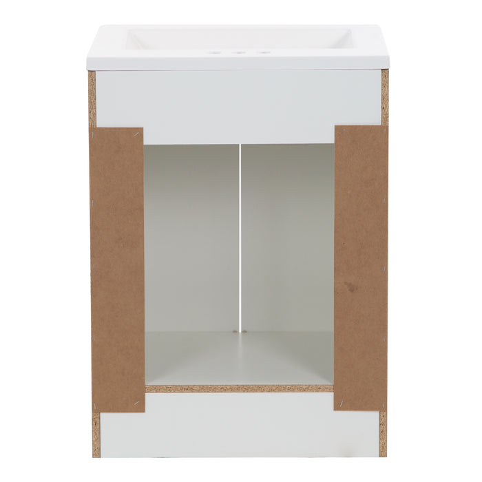 Open back of Yereli 24.25" W white cabinet-style bathroom vanity with 2 Shaker doors