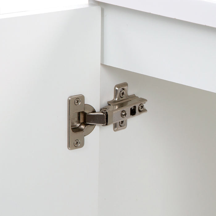Closeup of 6-way adjustable hinges on Yereli 24.25" W white bathroom vanity with 2 Shaker doors