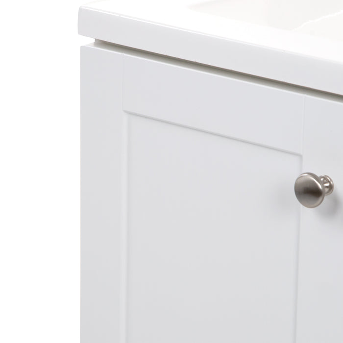 Closeup of edge on Yereli 24.25" W white bathroom vanity with 2 Shaker doors