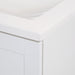 Closeup of corner on Yereli 24.25" W white shaker-style bathroom vanity