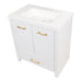 Top view of Hali 30.5 small white bathroom vanity with 2-door cabinet, 1 drawer, brushed gold hardware, white sink top