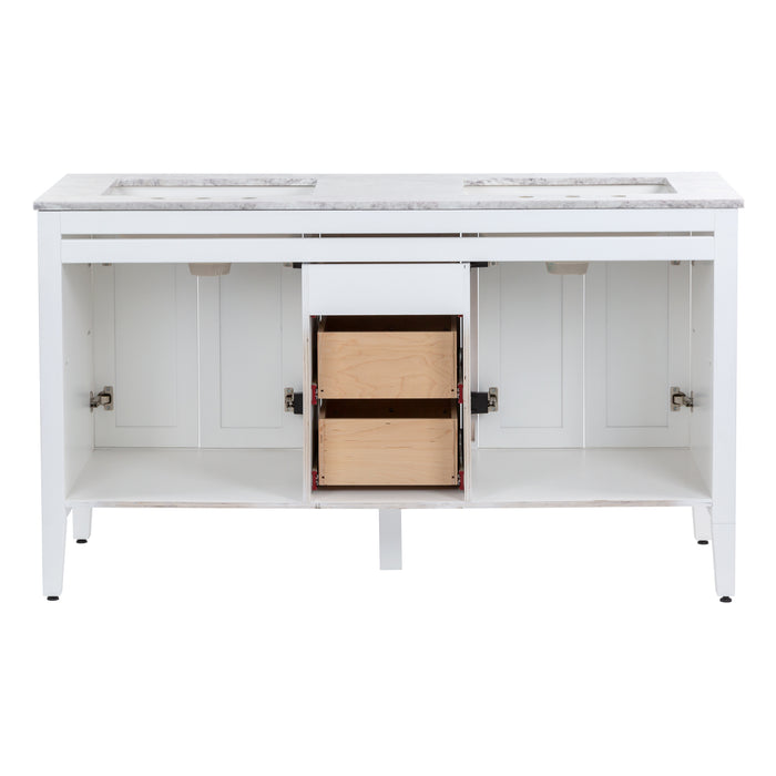 Open back on Cartland 61-in double-sink white bathroom vanity with two 2-door cabinets, 3 drawers, granite-look sink top
