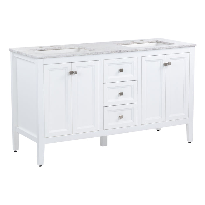 Angled view of Cartland 61-in double-sink white bathroom vanity with two 2-door cabinets, 3 drawers, granite-look sink top