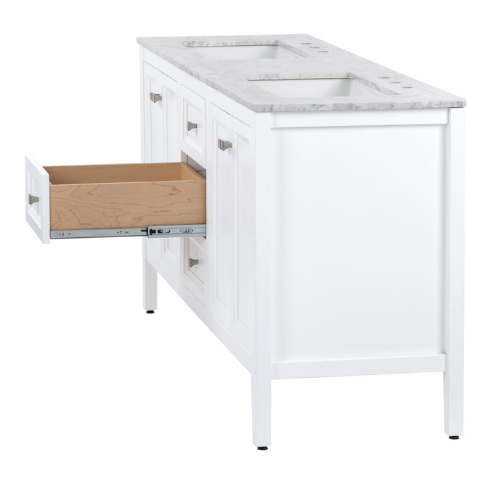 Right side of Cartland 61-in double-sink white bathroom vanity with two 2-door cabinets, 3 drawers, granite-look sink top