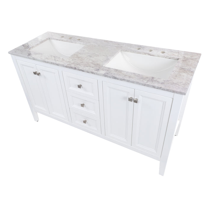Top view of Cartland 61-in double-sink white bathroom vanity with two 2-door cabinets, 3 drawers, granite-look sink top