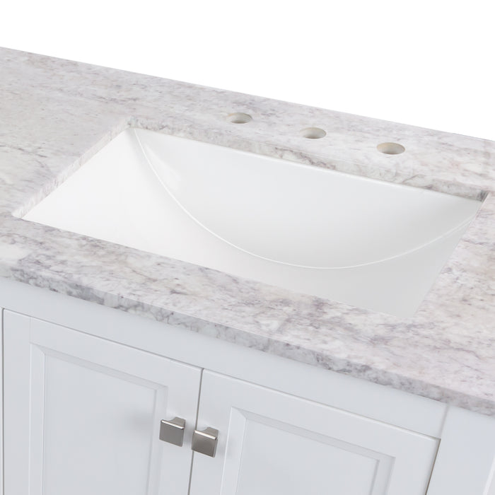 Predrilled sink top on Cartland 61-in double-sink white bathroom vanity with two 2-door cabinets, 3 drawers, granite-look sink top