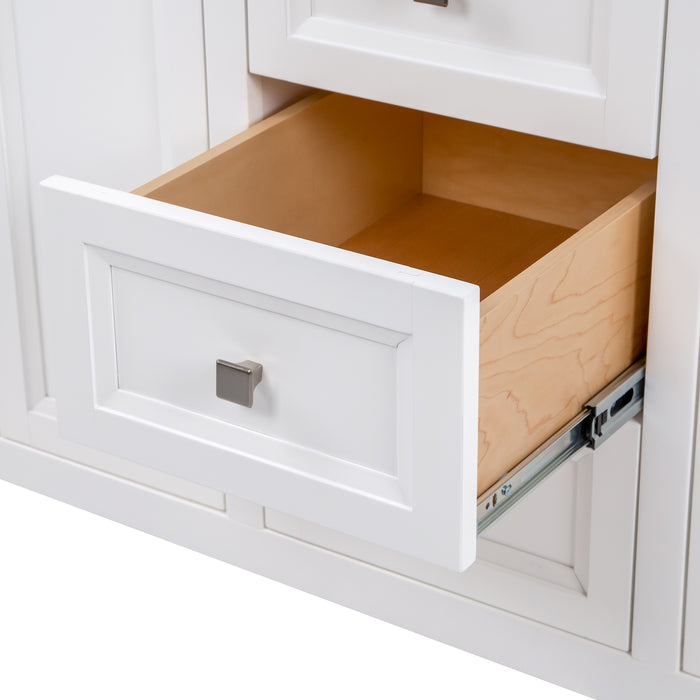 Open drawer on Cartland 61-in double-sink white bathroom vanity with two 2-door cabinets, 3 drawers, granite-look sink top