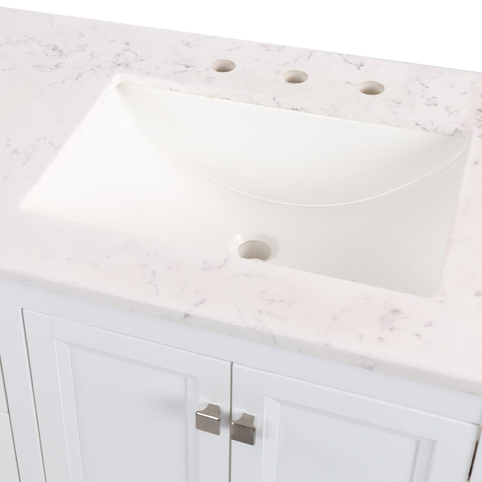Predrilled sink top on Cartland 61-in double-sink white bathroom vanity with two 2-door cabinets, 3 drawers, granite-look sink top