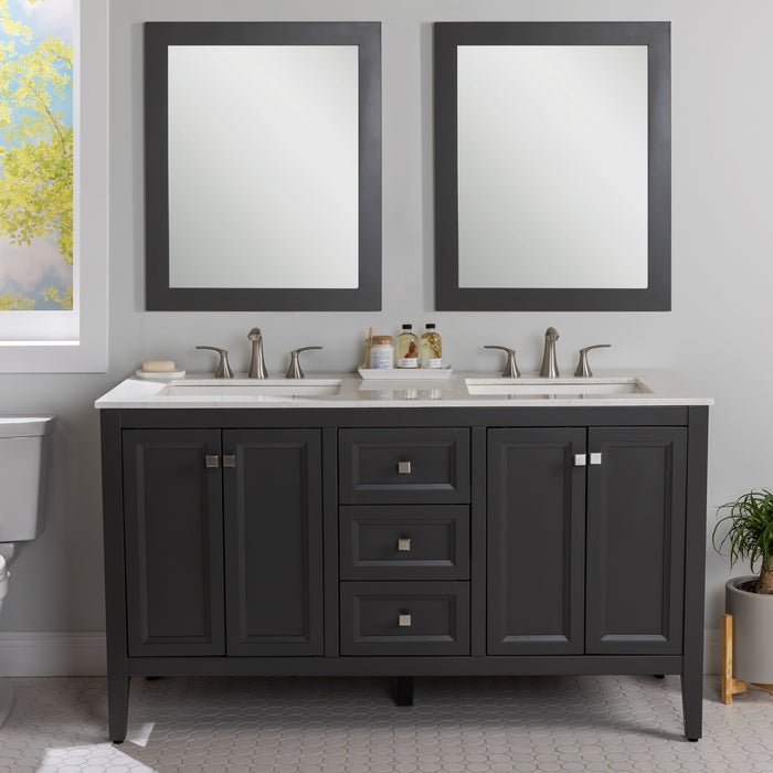Cartland 61-in double-sink gray bathroom vanity with two 2-door cabinets, 3 drawers, granite-look sink top installed in bathroom