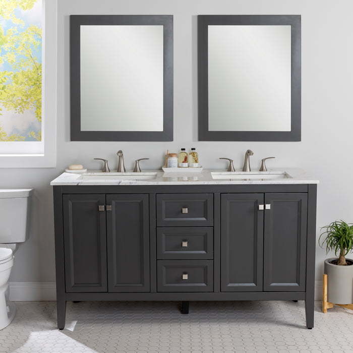 Cartland 61-in double-sink gray bathroom vanity with two 2-door cabinets, 3 drawers, granite-look sink top installed in bathroom with two mirrors and faucets 