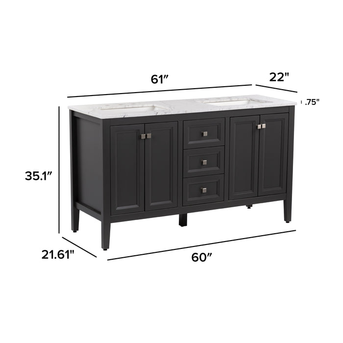 Measurements of Cartland 61-in double-sink gray bathroom vanity with two 2-door cabinets, 3 drawers, granite-look sink top 61-in W x 22-in D x 35.1-in H