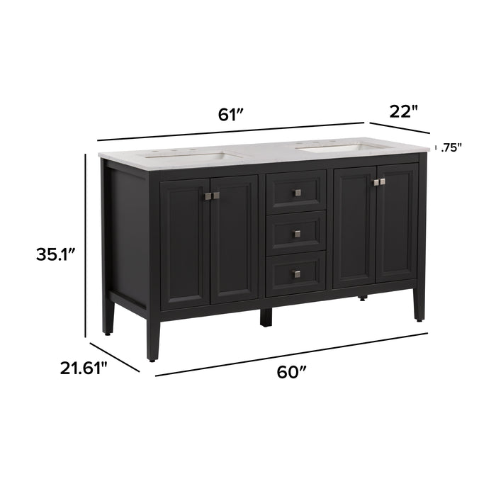 Measurements of Cartland 61-in double-sink gray bathroom vanity with two 2-door cabinets, 3 drawers, granite-look sink top: 61-in W x 22-in D x 35.1-in H