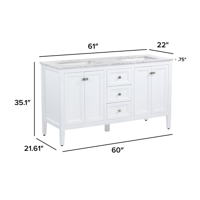 Measurements of Cartland 61-in double-sink white bathroom vanity with two 2-door cabinets, 3 drawers, granite-look sink top: 61-in W x 22-in D x 35.1-in H