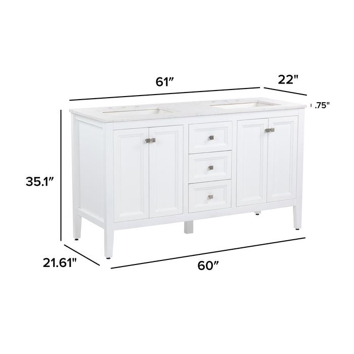 Measurements of Cartland 61-in double-sink white bathroom vanity with two 2-door cabinets, 3 drawers, granite-look sink top: 61-in W x 22-in D x 35.1-in H