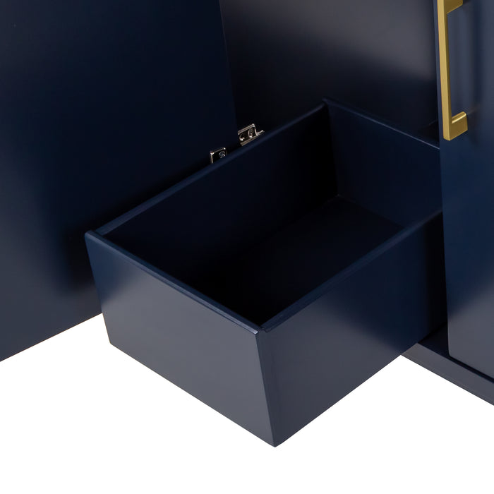 Closeup of hidden drawer on Darya 30.5-in modern blue bathroom vanity with white sink top, 2 doors, interior drawer