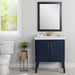 Darya 30.5-in modern blue bathroom vanity with white sink top, 2 doors, interior drawer installed in bathroom with gold faucet 